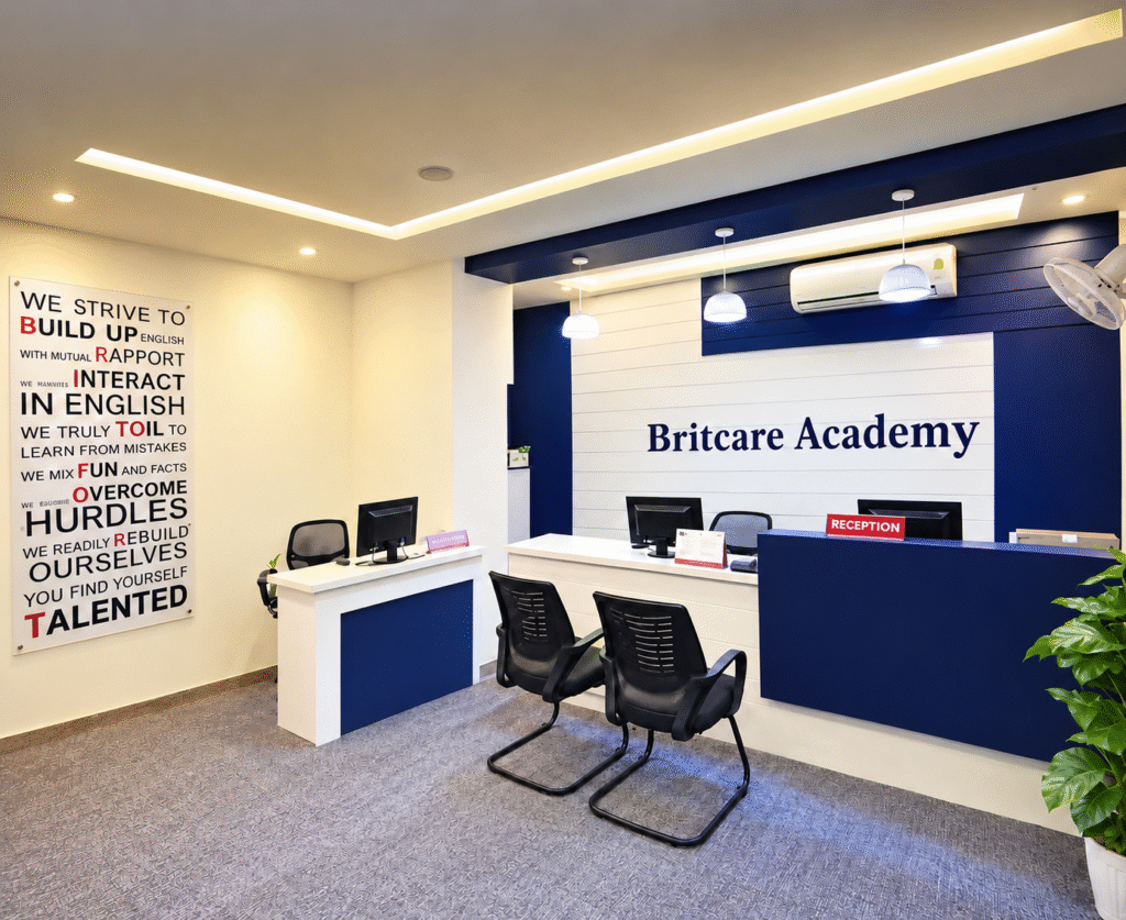 Britcare Academy reception area with a modern front desk, student waiting area, and professional academy interior in Kochi, Kerala.