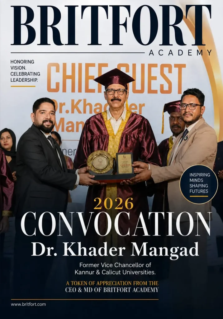 Chief Guest Dr. Khader Mangad receiving a token of appreciation from Britfort Academy at the 2026 Convocation