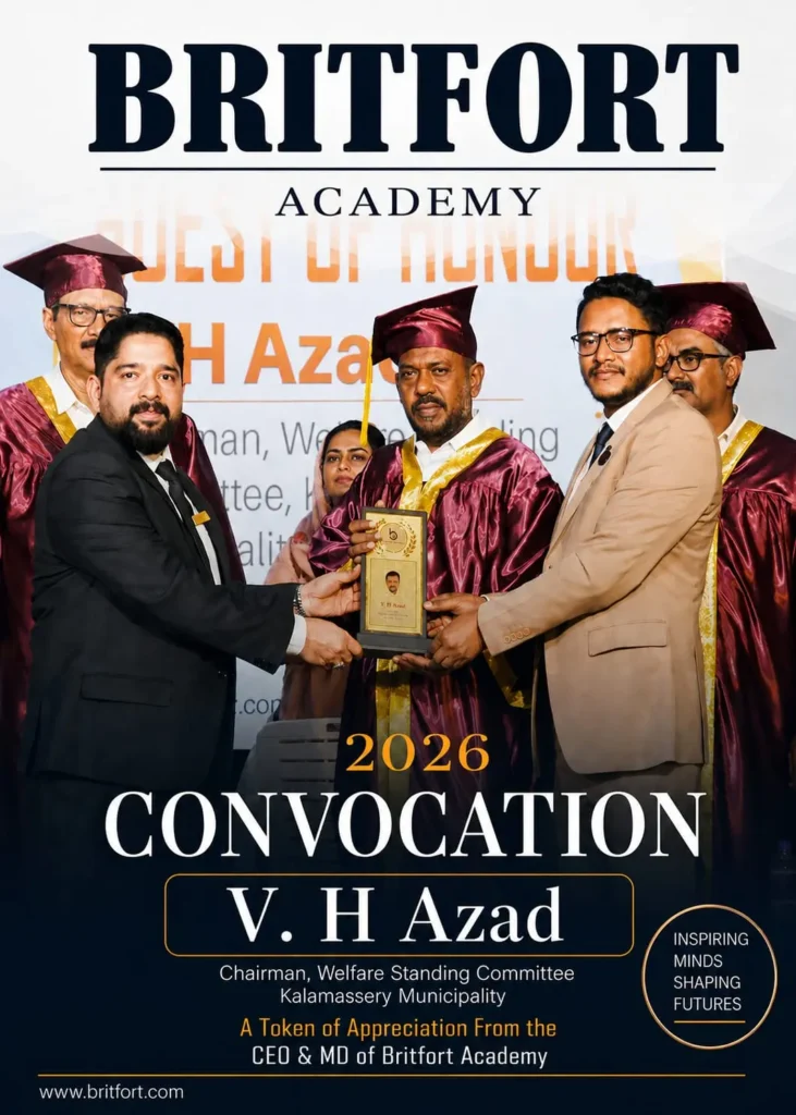 V. H. Azad, Chairman of the Welfare Standing Committee, Kalamassery Municipality, receiving a token of appreciation from the CEO and MD of Britfort Academy at the 2026 Convocation