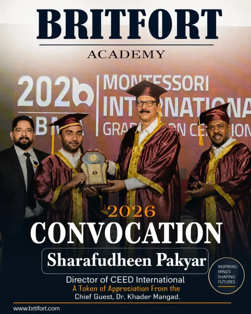 Sharafulheen Pakyar, Director of CEED International, receiving a token of appreciation from Chief Guest Dr. Khader Mangad at the Britfort Academy 2026 Convocation