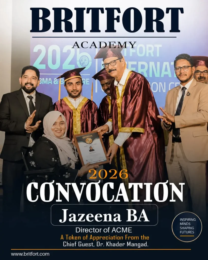 Jazcena BA, Director of ACME, receiving a token of appreciation from Chief Guest Dr. Khader Mangad at the Britfort Academy 2026 Convocation